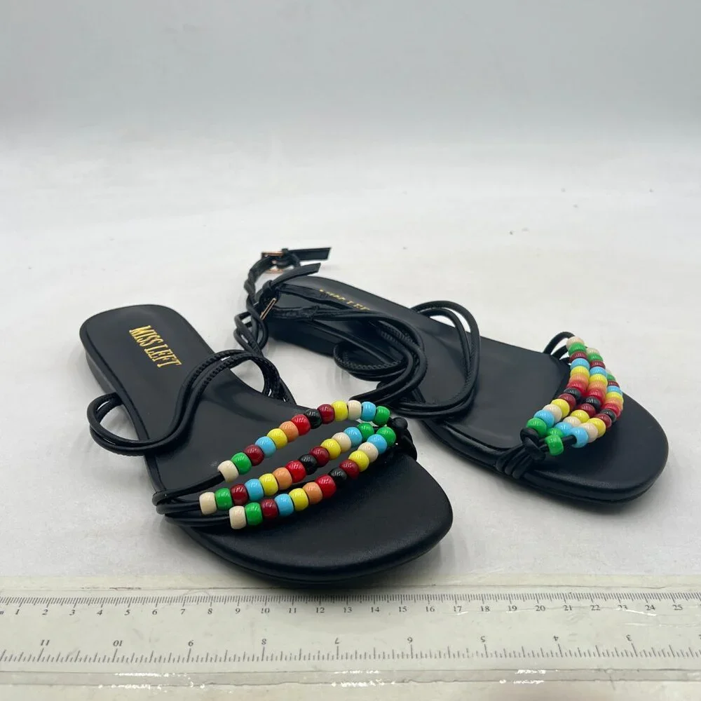 miss left Black Beaded Flat Sandals for Women Ankle Strap Open Toe Slide Sandals